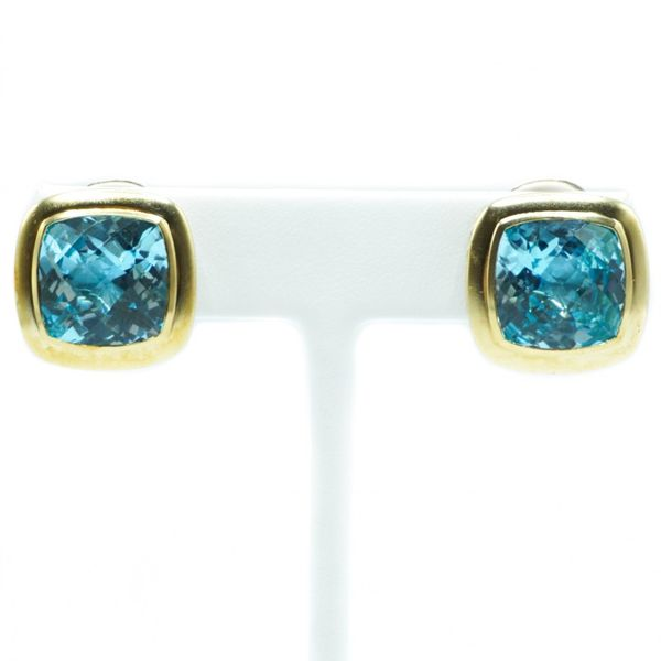 David Yurman Blue Topaz Omega Back Earrings in Sterling Silver and Yellow Gold Lumina Gem Wilmington, NC