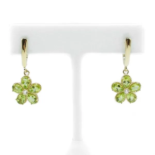 Peridot and White Topaz Dangle Flower Earrings - 14k Yellow Gold Lumina Gem Wilmington, NC