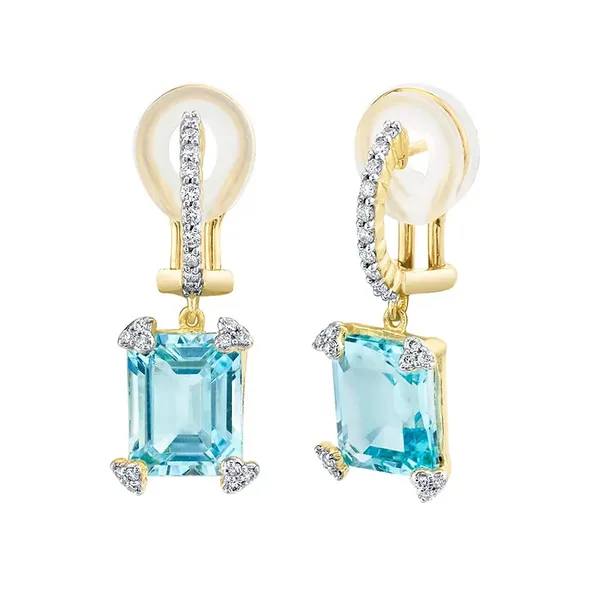 Sloane Street Emerald Cut Sky Blue Topaz and Diamond Earrings in 18k Yellow Gold Lumina Gem Wilmington, NC