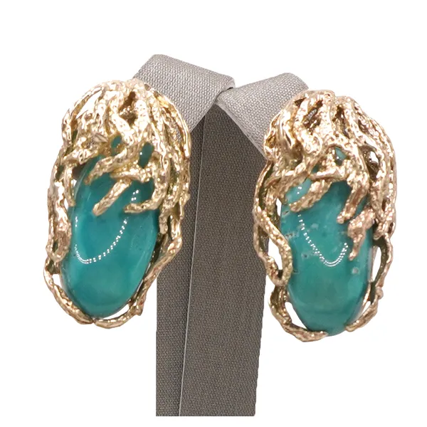 Turquoise Omega Back Earrings- 14k Yellow Gold Lumina Gem Hampstead, NC