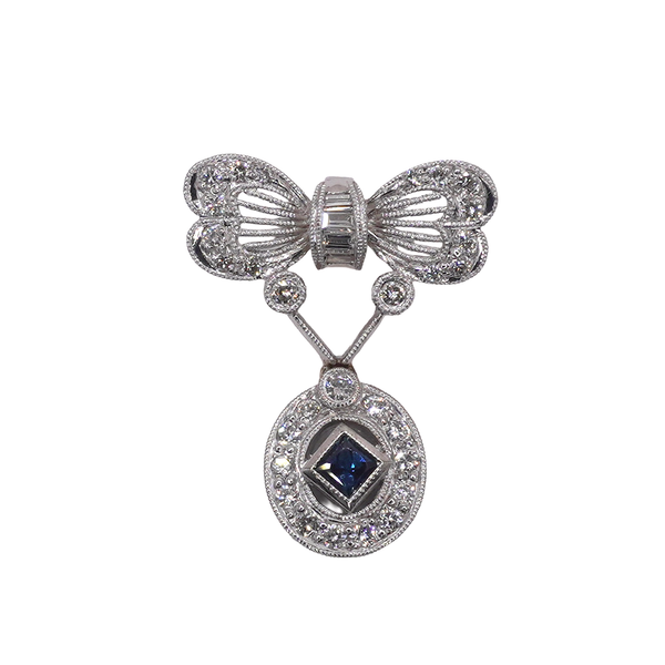 Diamond and Sapphire Bow Drop Pendant- 14k White Gold Lumina Gem Wilmington, NC