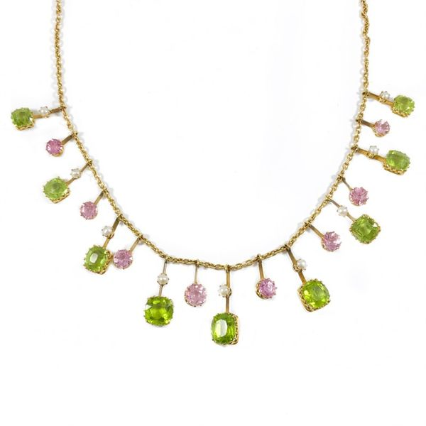 Pink Tourmaline and Peridot Necklace - Yellow Gold - 15