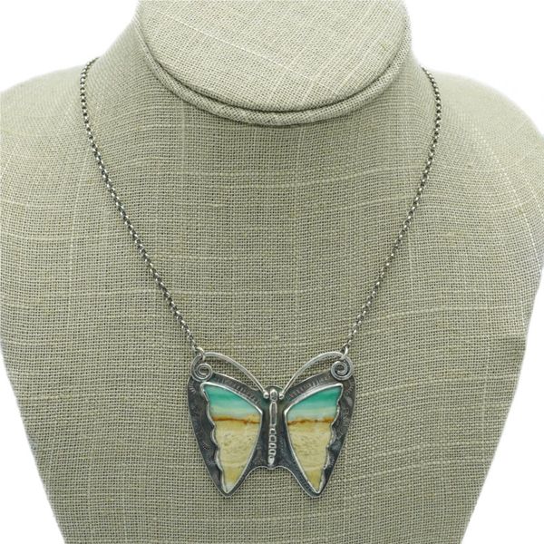 Elk and Owl Indonesian Opalized Petrified Wood Butterfly Necklace - 20