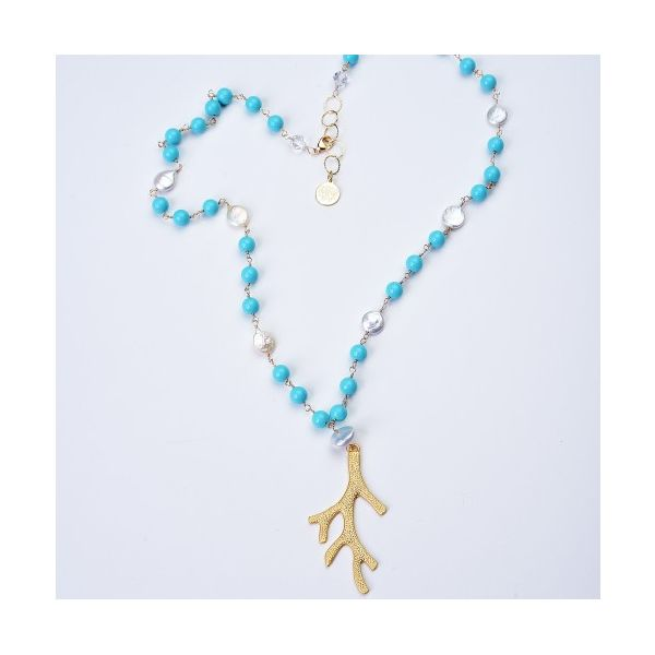 Wendy Perry Turquoise Coated Pearl Necklace with Gold Tone Coral Pendant Image 2 Lumina Gem Wilmington, NC