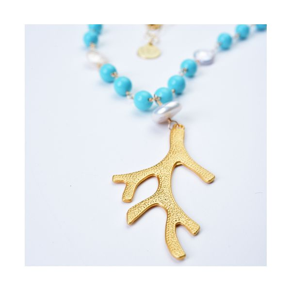 Wendy Perry Turquoise Coated Pearl Necklace with Gold Tone Coral Pendant Lumina Gem Wilmington, NC