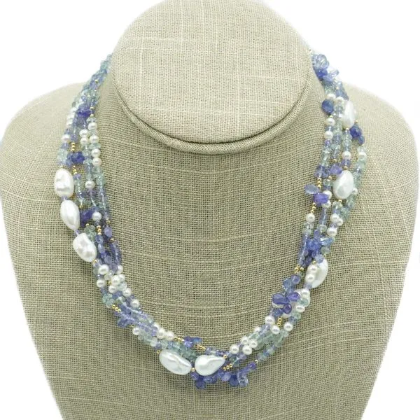 Handmade Tanzanite, Aquamarine, and Freshwater Pearl Necklace by Katharyn Zava Lumina Gem Wilmington, NC