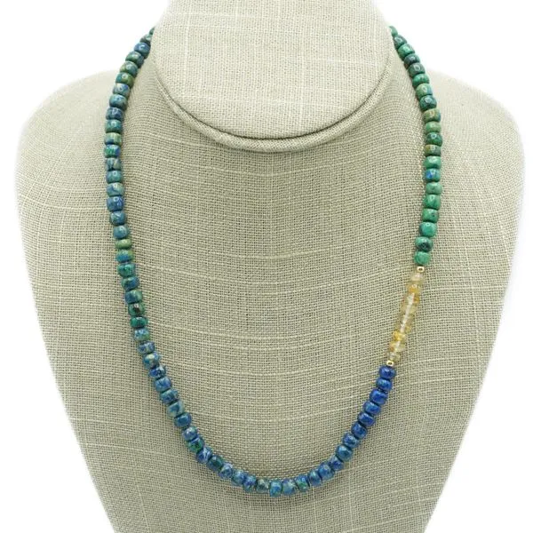 Handmade Azure Malachite and 14k Yellow Gold Necklace by Katharyn Zava Lumina Gem Wilmington, NC
