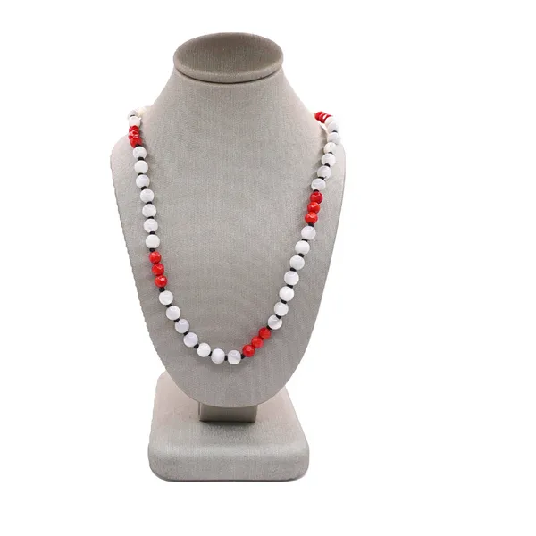 Mother of Pearl and Coral Beaded Necklace Strung on Black Silk Lumina Gem Hampstead, NC