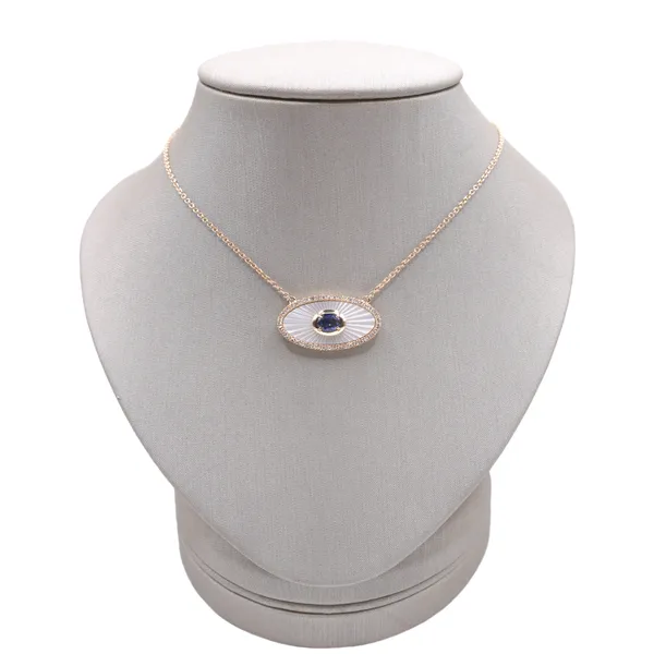 .71ct Sapphire and Carved Mother of Pearl Necklace with .23ctw Diamond Accents- 14k Yellow Gold Lumina Gem Hampstead, NC