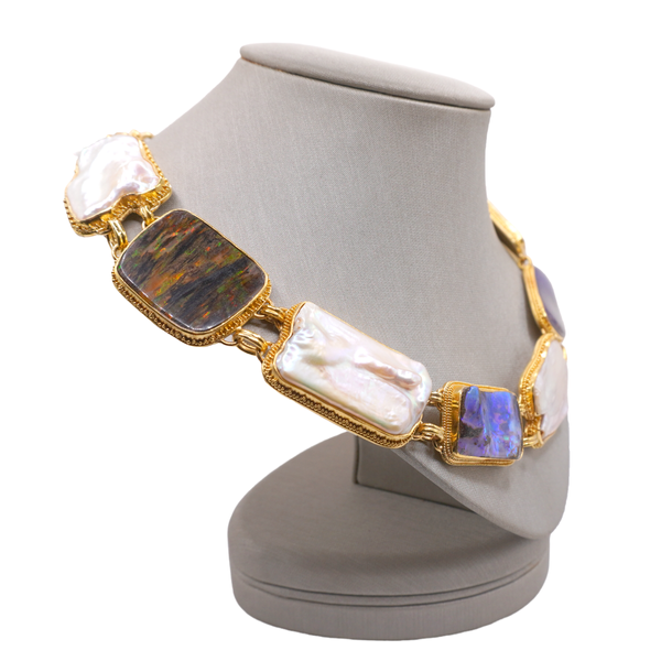 Luna Felix Opalized Petrified Wood and Pearl Necklace in 22k Yellow Gold with 18k Yellow Gold O Rings Image 2 Lumina Gem Wilmington, NC