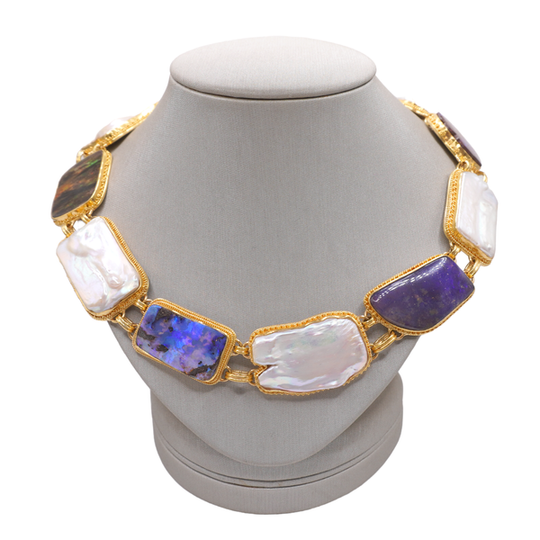 Luna Felix Opalized Petrified Wood and Pearl Necklace in 22k Yellow Gold with 18k Yellow Gold O Rings Lumina Gem Wilmington, NC