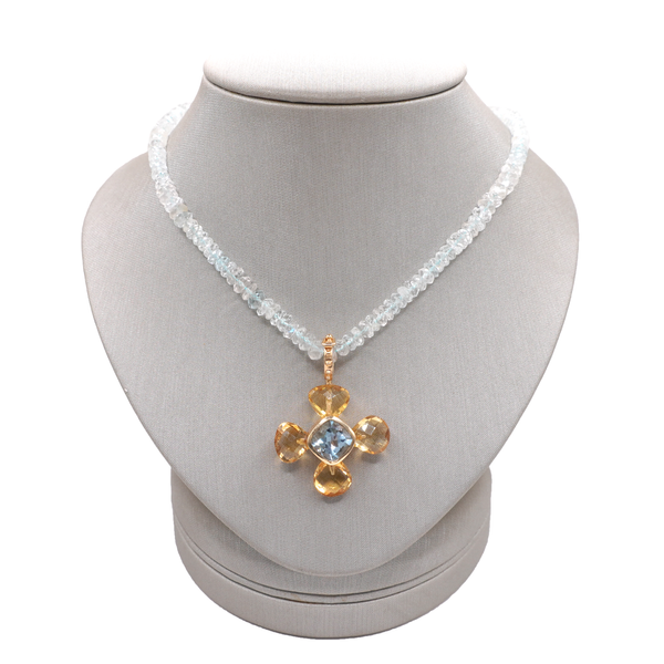 Aquamarine and Citrine Pendant on Aquamarine Beaded Necklace- 14k Yellow Gold Lumina Gem Wilmington, NC