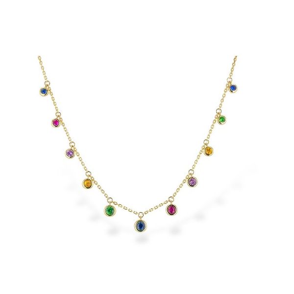 Allison-Kaufman Multicolor Sapphire and Green Garnet Dangle Station Necklace- 14k Yellow Gold Lumina Gem Wilmington, NC