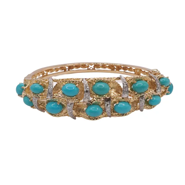 Turquiose and Diamond Hinged Bangle- 18k Yellow Gold Image 2 Lumina Gem Hampstead, NC