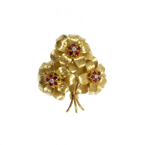 Tiffany & Co. Ruby and Diamond Flower Pin - Yellow Gold Lumina Gem Wilmington, NC