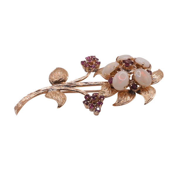 Opal and Red Stone Flower Brooch- 14k Yellow Gold Image 2 Lumina Gem Wilmington, NC