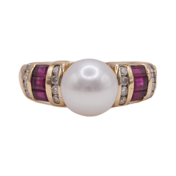 8mm Akoya Pearl, .20ctw Diamond, and .50ctw Ruby Ring Lumina Gem Wilmington, NC