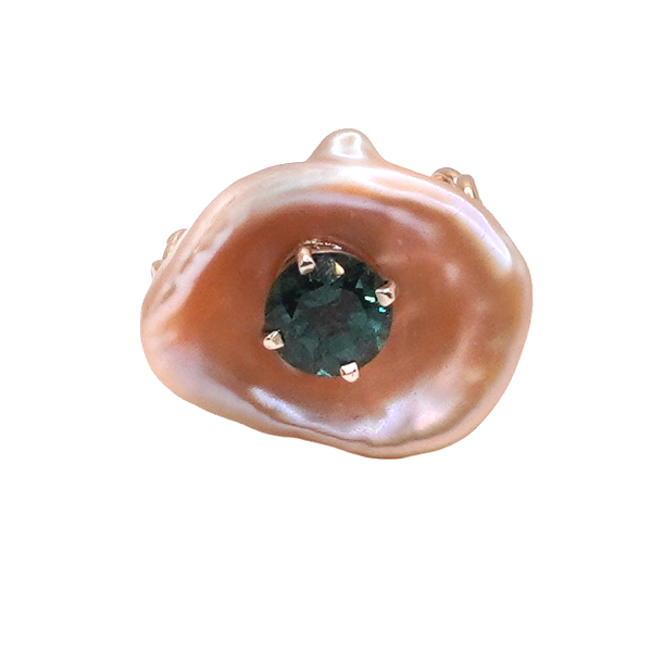 Pearl Cup and Green Apetite Ring- 14k Yellow Gold Lumina Gem Wilmington, NC