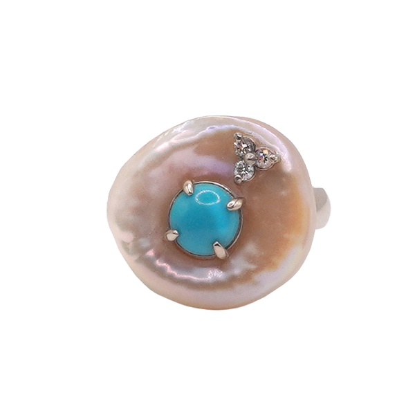 Pearl Cup with Turquoise and Lab Grown Diamonds- 14k Yellow Gold Lumina Gem Wilmington, NC