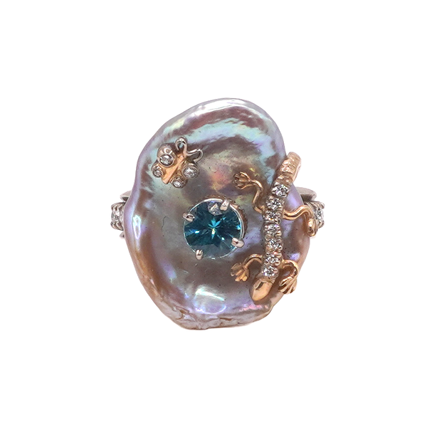Pearl Cup Lizard Butterfly and Lab Diamond Ring- 14k Two Tone Lumina Gem Wilmington, NC