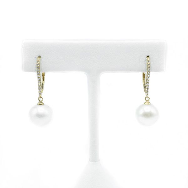 Roman and Jules 11mm Pearl and .20ctw Diamond Dangle Earrings - Yellow Gold Lumina Gem Wilmington, NC