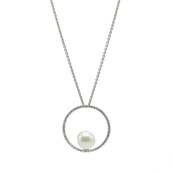 Pearl and .17ctw Circle Diamond Pendant on Sterling Silver Chain Lumina Gem Wilmington, NC