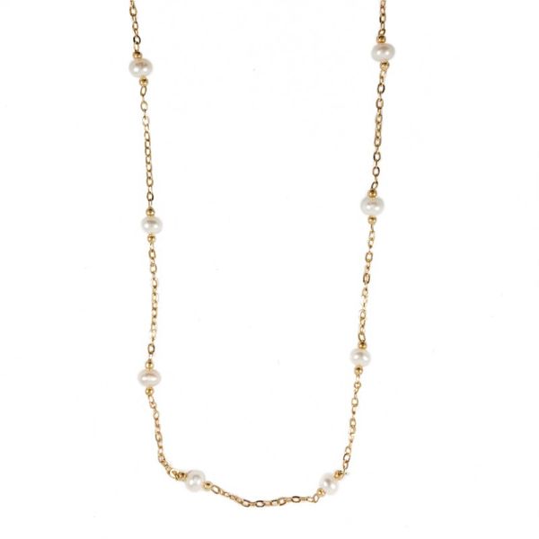 Freshwater Pearl and Yellow Gold Station Necklace - 35