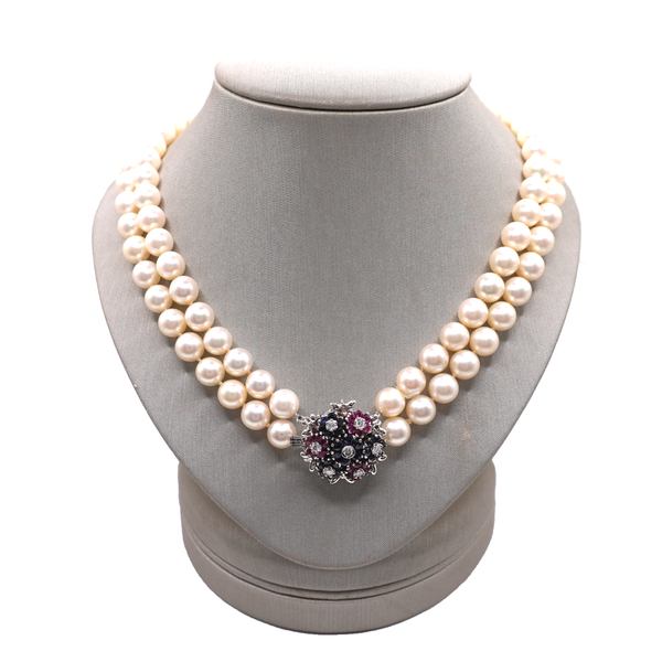 Double Strand Pearl Necklace with Multistone Clasp in 14k Yellow Gold Lumina Gem Wilmington, NC