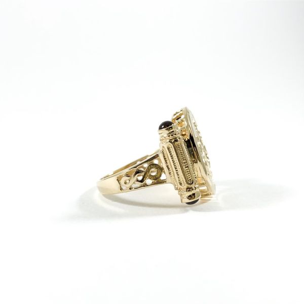 Yellow Gold Carved Ring with Garnet Accents Image 2 Lumina Gem Wilmington, NC