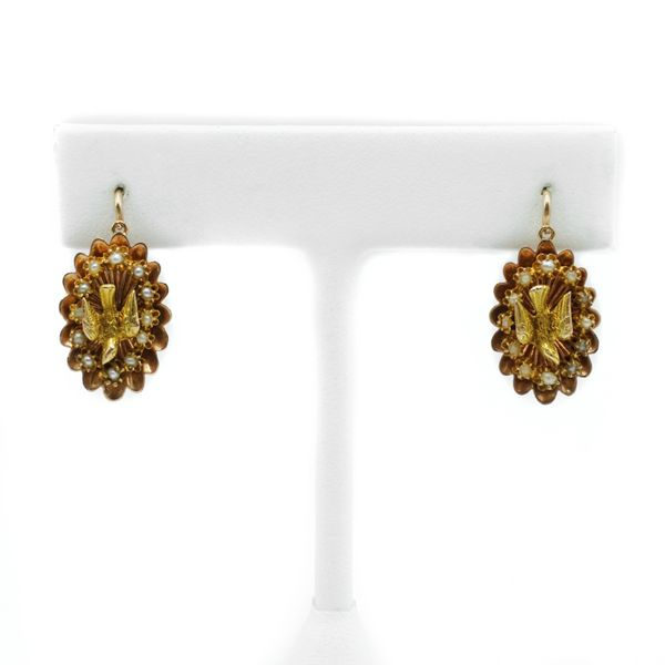 Yellow Gold Dove Earrings with Seed Pearls Lumina Gem Wilmington, NC