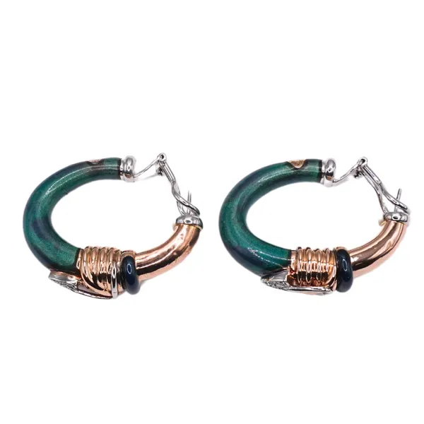Novelle Brague Green Enamal and 18k Yellow Gold Diamond Hoop Earrings Image 2 Lumina Gem Hampstead, NC