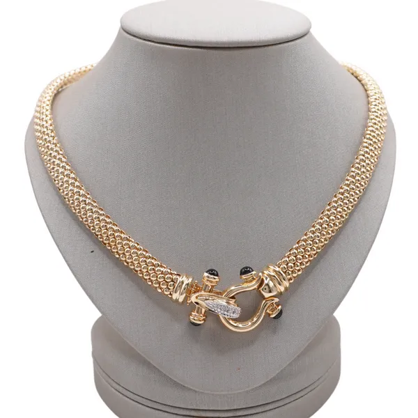 14k Yellow Gold Mesh Necklace with a Diamond and Onyx Buckle Clasp Lumina Gem Hampstead, NC