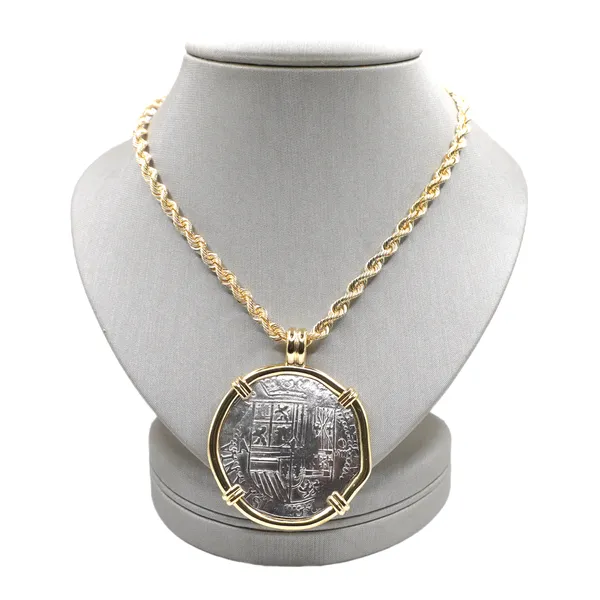 Spanish Shipwreck Coin Framed in 18k Yellow Gold on a 14k Yellow Gold Rope Chain Lumina Gem Hampstead, NC