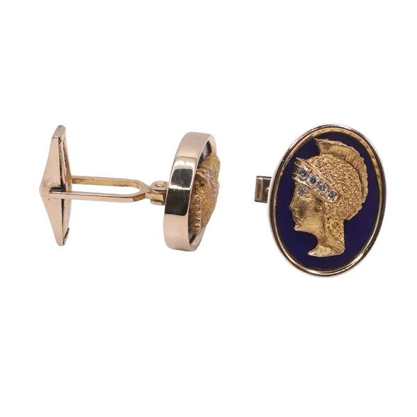 14k Yellow Gold Blue Enamel and Diamond Cufflinks Image 2 Lumina Gem Hampstead, NC