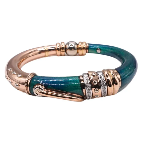 Novelle Brague Green Enamel and Diamond Hinged Bracelet with 18k Yellow Gold and Sterling Silver Accents Image 3 Lumina Gem Hampstead, NC