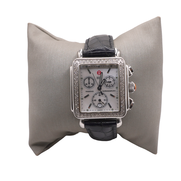 Michele Stainless Steel Watch with Diamonds and Black Leather Band Lumina Gem Wilmington, NC