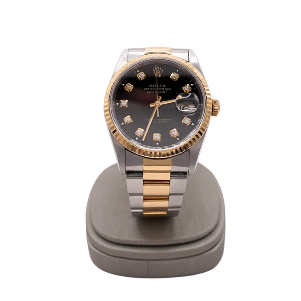 18k Yellow Gold Datejust Stainless Steel Rolex with an Aftermarket Black Dial with Diamond Markers Lumina Gem Hampstead, NC