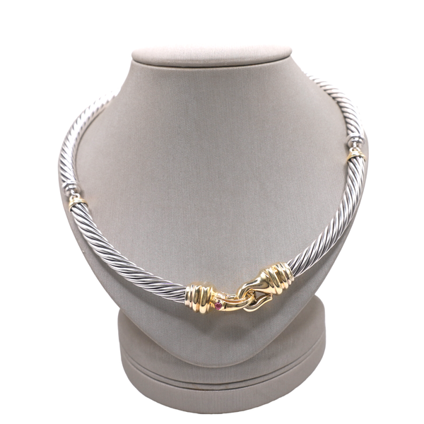 David Yurman Sterling Silver Cable Collar Necklace with 14k Yellow Gold Buckle Center Station Lumina Gem Wilmington, NC