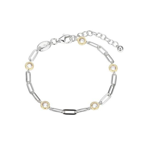 Charles Garnier Rhodium Plated Sterling Silver Paperclip Bracelet with CZ and Gold Plated Stations Lumina Gem Wilmington, NC