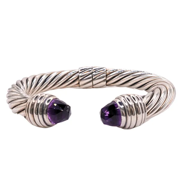 David Yurman Stelring Silver Hinged Cable Cuff with Amethyst End Caps Image 2 Lumina Gem Hampstead, NC