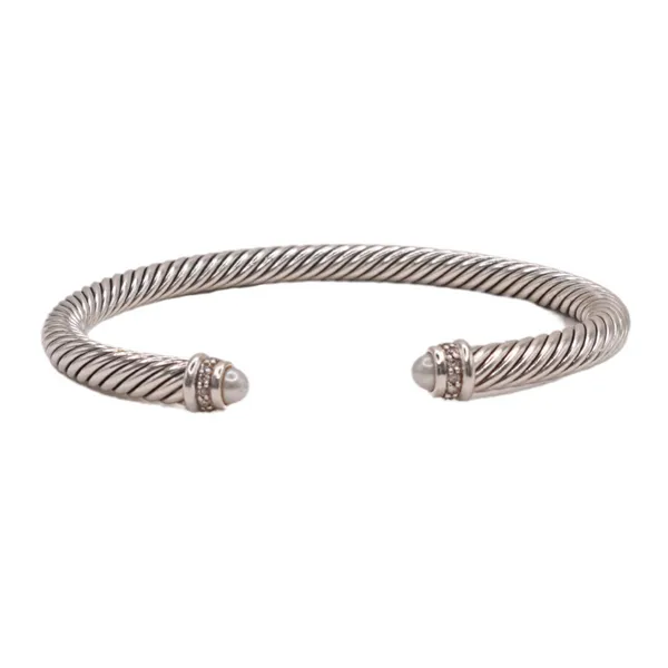 David Yurman 5mm Sterling Silver Cable Cuff with Pearl and Diamond End Caps Lumina Gem Hampstead, NC