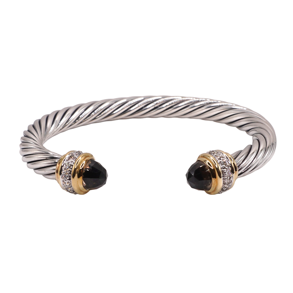David Yurman Sterling Silver Cable Cuff Bracelet with Smokey Quartz and Diamond End Caps Image 2 Lumina Gem Wilmington, NC