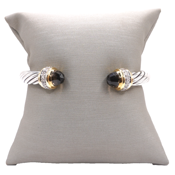 David Yurman Sterling Silver Cable Cuff Bracelet with Smokey Quartz and Diamond End Caps Lumina Gem Wilmington, NC