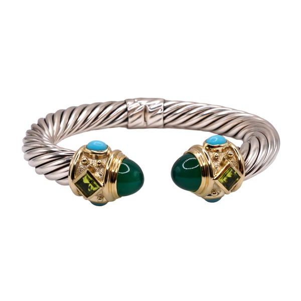 David Yurman Sterling Silver and 14k Yellow Gold Cable Cuff with Turquoise and Peridot Accents Lumina Gem Wilmington, NC