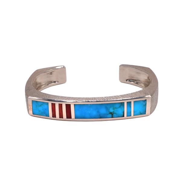 John Coffey Sterling Silver Cuff with Red Coral and Stabilized Kingman Turquoise Lumina Gem Wilmington, NC