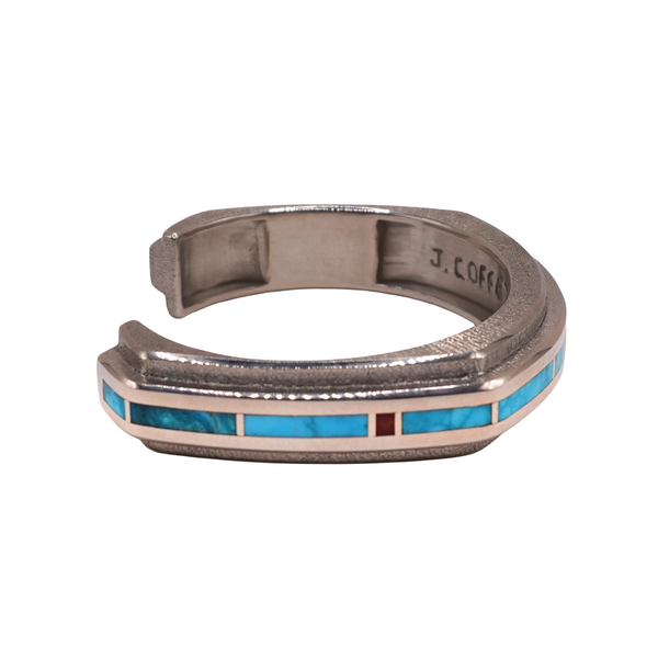 John Coffey Sterling Silver Cuff with Red Coral and Natural Royston Turquoise Image 2 Lumina Gem Wilmington, NC