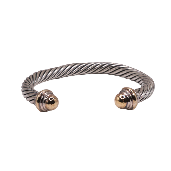 David Yurman Sterling Silver Cable Cuff Bracelet with 14k Yellow Gold End Caps Lumina Gem Wilmington, NC