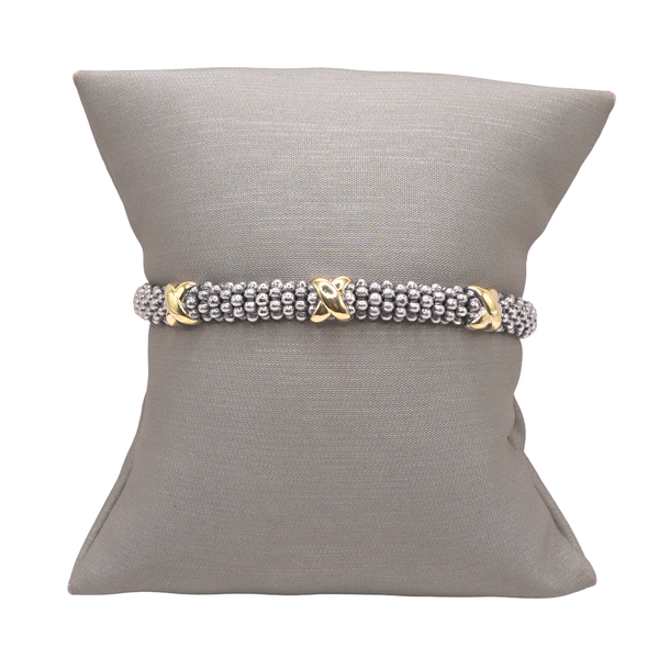 Lagos Caviar Sterling Silver Bracelet with Three 18k Yellow Gold X Stations Lumina Gem Wilmington, NC