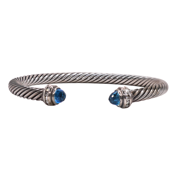 David Yurman Sterling Silver Cable Cuff with Blue Topaz and Diamond End Caps Lumina Gem Wilmington, NC