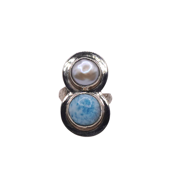 Sterling Silver Larimar and Pearl Ring Lumina Gem Wilmington, NC